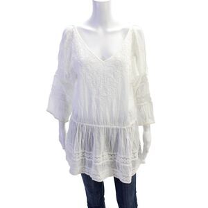 Samson Womens Embroidered V Neck A Line Dress White Cotton Size Large